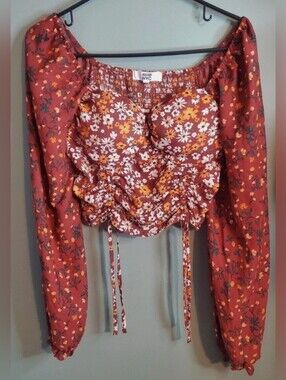 Madden NYC Floral Rust Ruched Puff Sleeve Crop Top with Smocked back